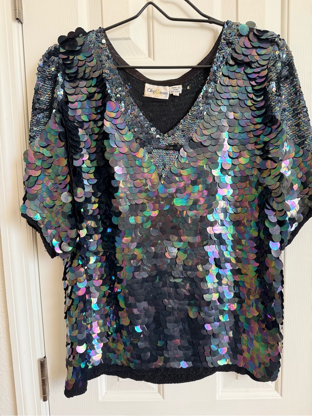 Oleg Cassini Black Iridescent Sequin V-Neck Tunic